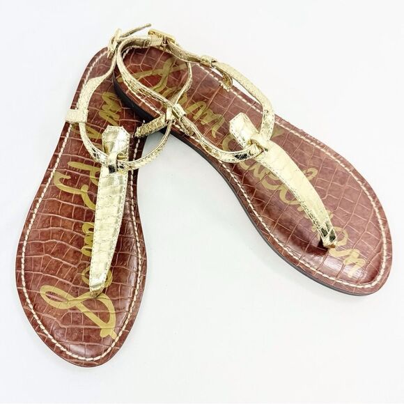 Sam Edelman GIGI Gold Metallic Reptile Embossed Leather T Strap Thong Sandals - Picture 4 of 16